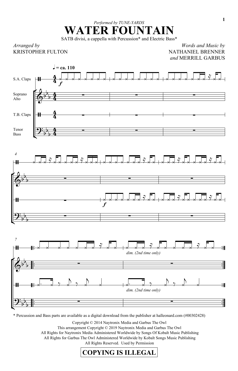 Tune-Yards Water Fountain (arr. Kristopher Fulton) sheet music notes and chords. Download Printable PDF.