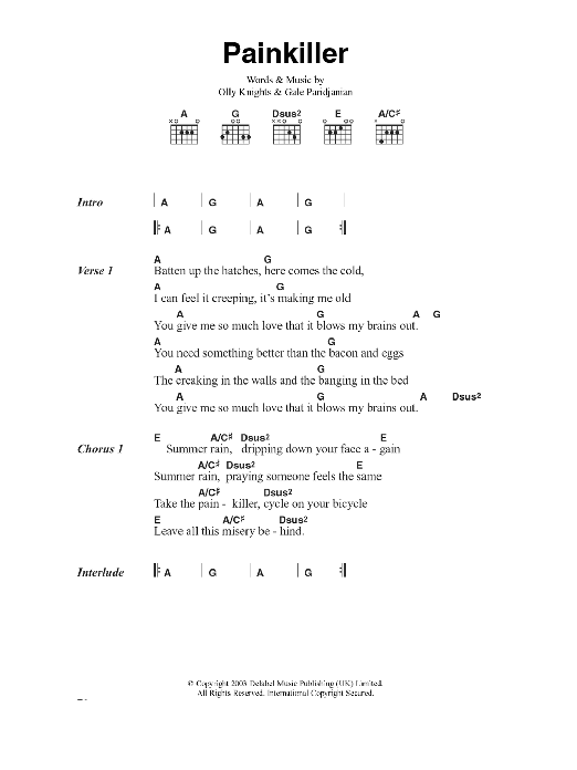 Learn to play Turin Brakes Pain Killer sheet music for Guitar Chords/Lyrics in minutes. Price: 4.4900$ Turin Brakes Pain Killer sheet music notes and chords arranged for Guitar Chords/Lyrics