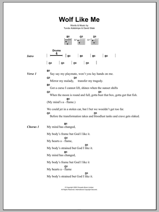 Learn to play TV On The Radio Wolf Like Me sheet music for Guitar Chords/Lyrics in minutes. Price: 4.4900$ TV On The Radio Wolf Like Me sheet music notes and chords arranged for Guitar Chords/Lyrics