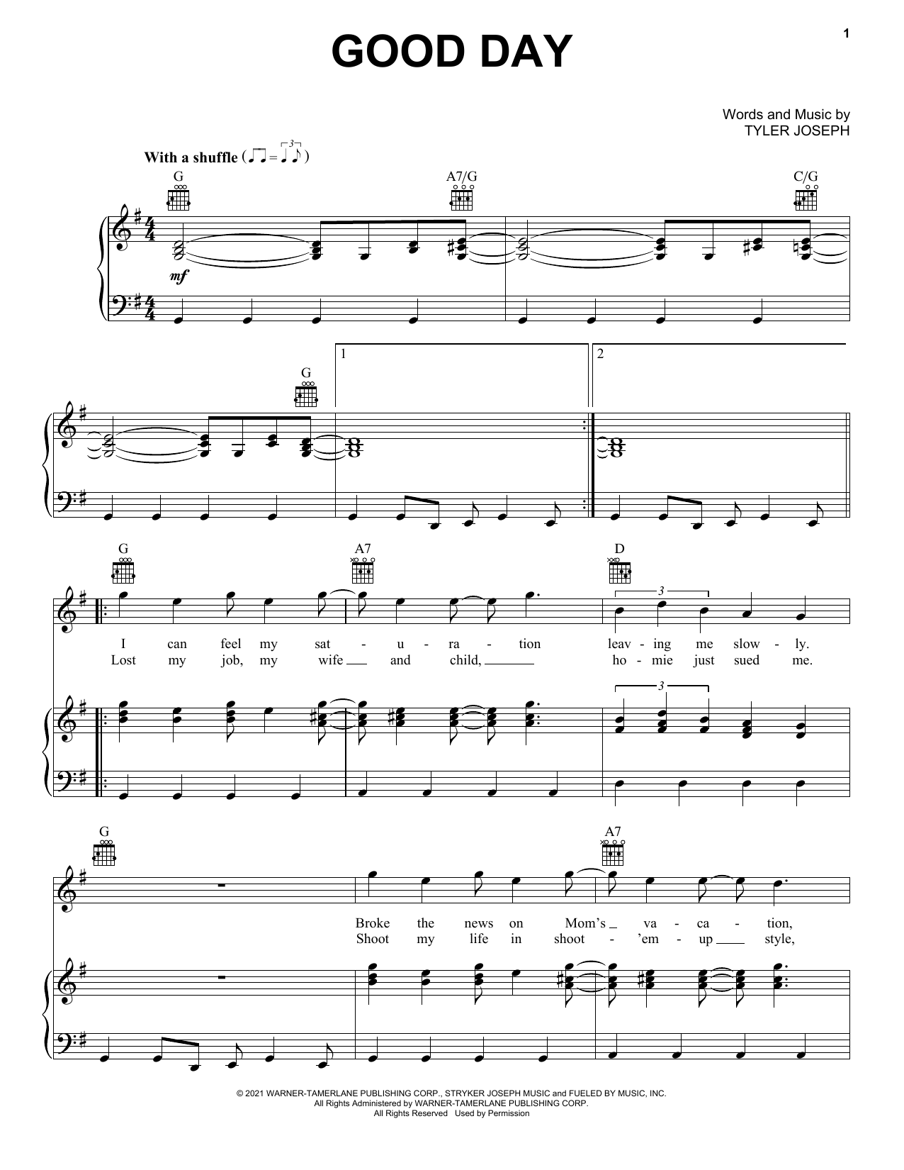 Twenty One Pilots Good Day sheet music notes and chords. Download Printable PDF.