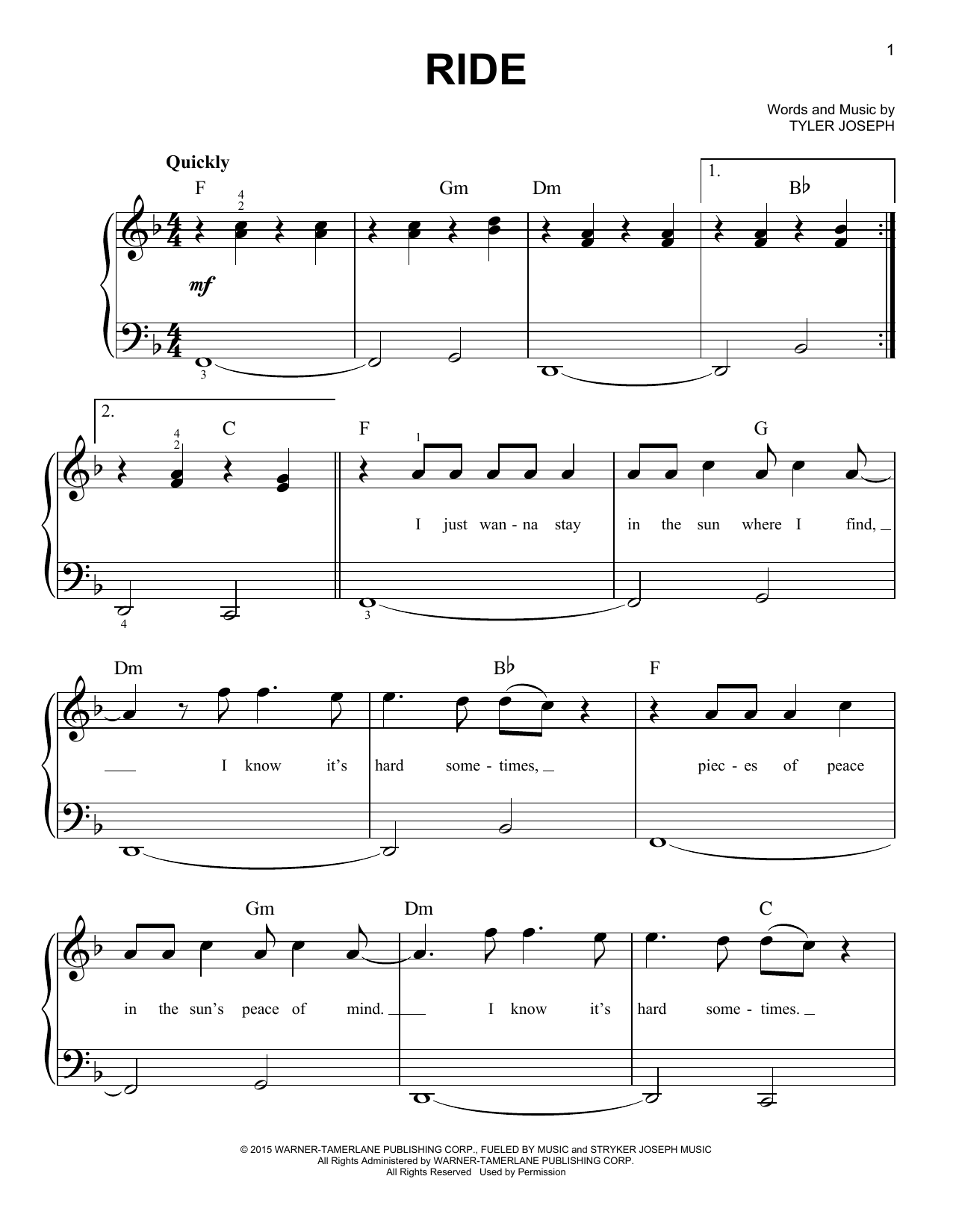 twenty one pilots Ride sheet music notes and chords. Download Printable PDF.