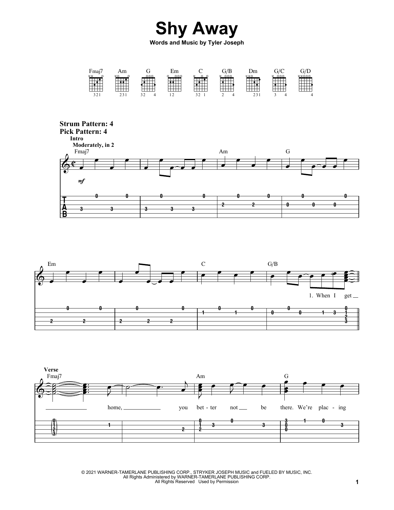 Twenty One Pilots Shy Away sheet music notes and chords. Download Printable PDF.