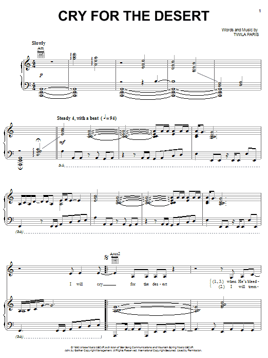 Learn to play Twila Paris Cry For The Desert sheet music for Piano, Vocal & Guitar Chords (Right-Hand Melody) in minutes. Price: 7.8900$ Twila Paris Cry For The Desert sheet music notes and chords arranged for Piano, Vocal & Guitar Chords (Right-Hand Melody)
