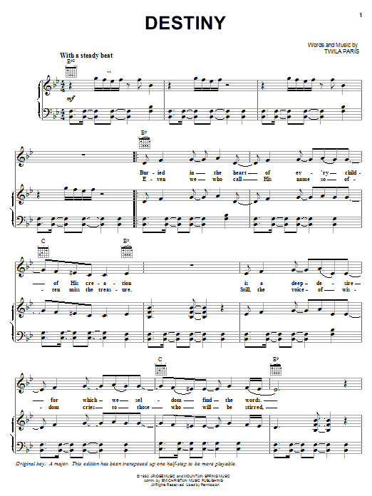 Learn to play Twila Paris Destiny sheet music for Piano, Vocal & Guitar Chords (Right-Hand Melody) in minutes. Price: 7.8900$ Twila Paris Destiny sheet music notes and chords arranged for Piano, Vocal & Guitar Chords (Right-Hand Melody)