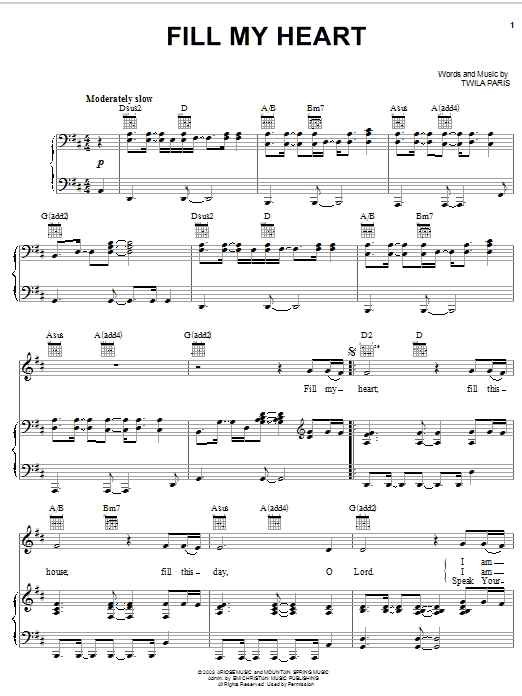 Twila Paris Fill My Heart sheet music notes and chords arranged for Piano, Vocal & Guitar Chords (Right-Hand Melody)