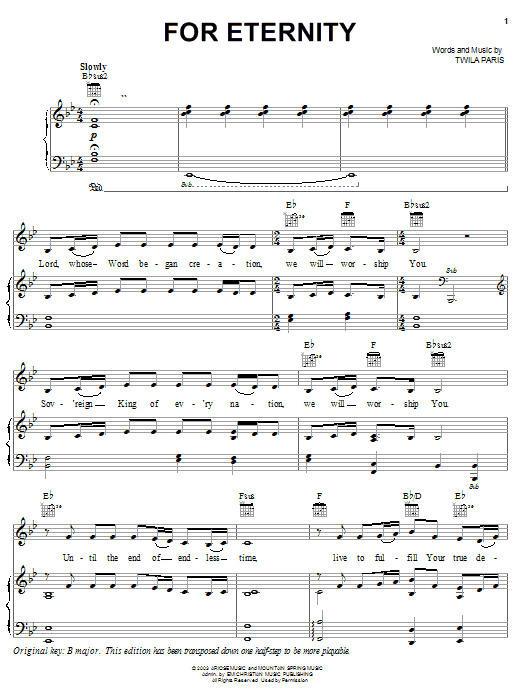 Learn to play Twila Paris For Eternity sheet music for Piano, Vocal & Guitar Chords (Right-Hand Melody) in minutes. Price: 7.8900$ Twila Paris For Eternity sheet music notes and chords arranged for Piano, Vocal & Guitar Chords (Right-Hand Melody)