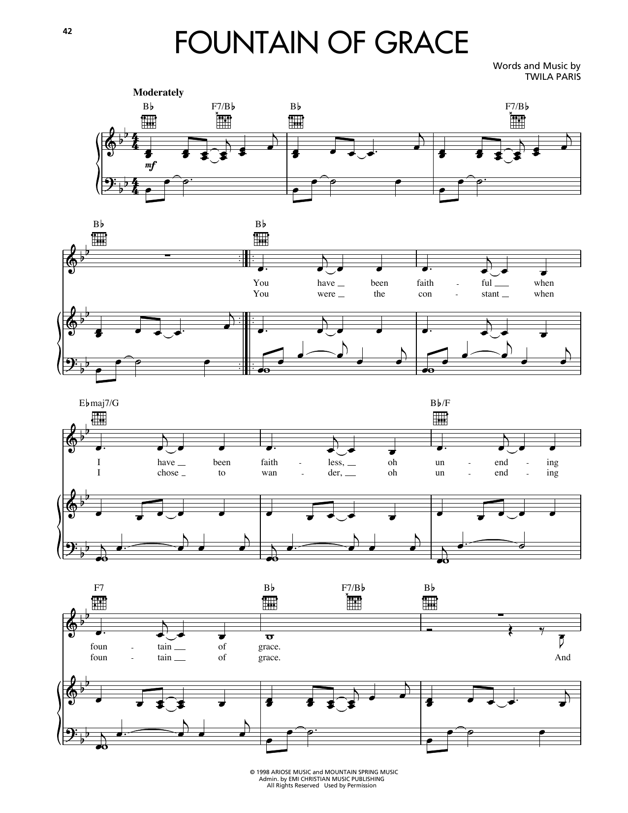 Learn to play Twila Paris Fountain Of Grace sheet music for Piano, Vocal & Guitar Chords (Right-Hand Melody) in minutes. Price: 7.8900$ Twila Paris Fountain Of Grace sheet music notes and chords arranged for Piano, Vocal & Guitar Chords (Right-Hand Melody)
