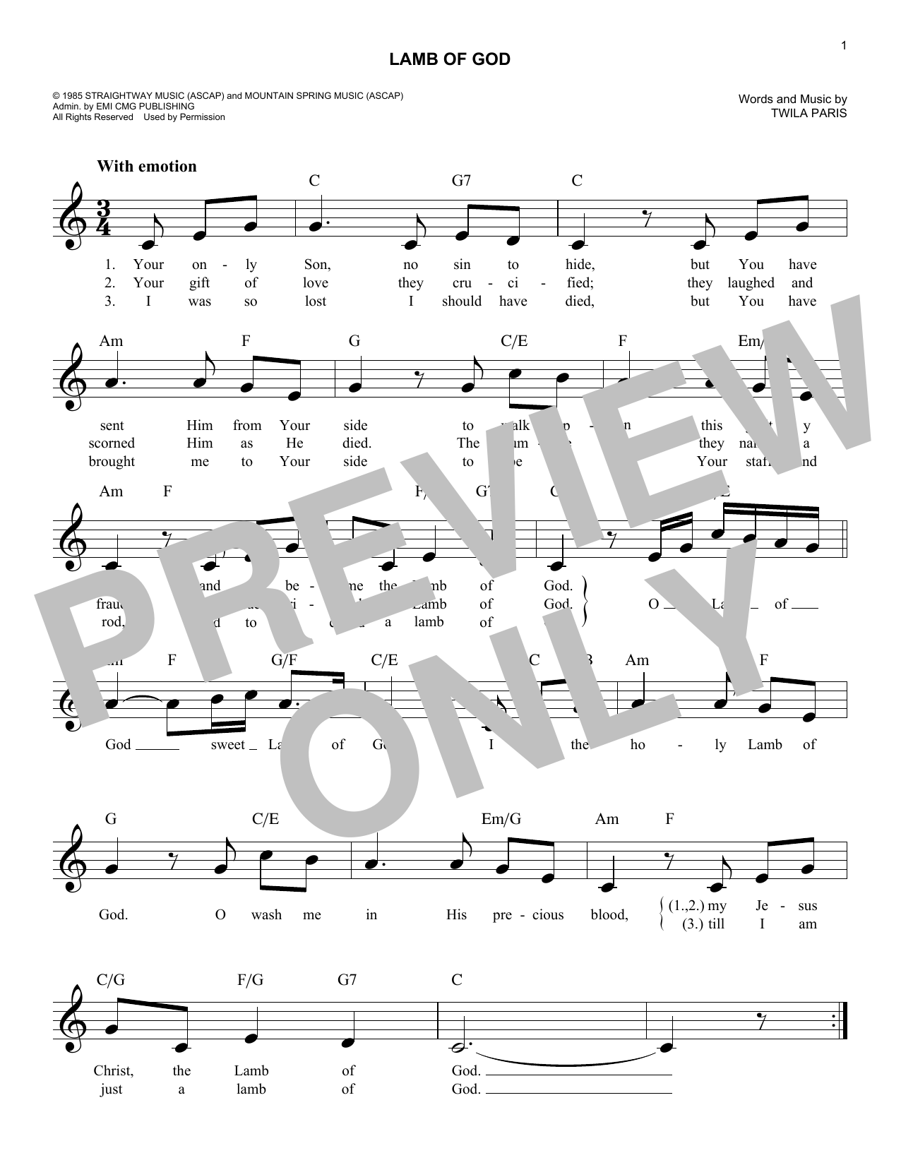 Twila Paris Lamb Of God sheet music notes and chords arranged for Flute Solo