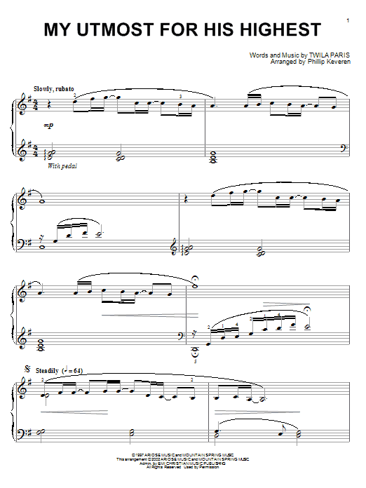 Learn to play Twila Paris My Utmost For His Highest sheet music for Piano Solo in minutes. Price: 7.8900$ Twila Paris My Utmost For His Highest sheet music notes and chords arranged for Piano Solo