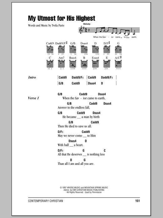 Twila Paris My Utmost For His Highest sheet music notes and chords. Download Printable PDF.