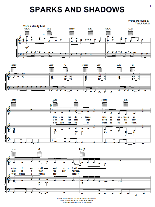 Twila Paris Sparks and Shadows sheet music notes and chords arranged for Piano, Vocal & Guitar Chords (Right-Hand Melody)