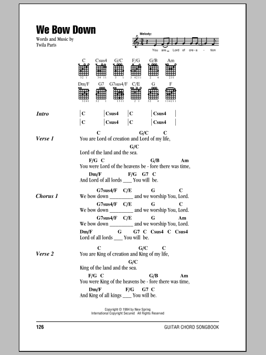 Twila Paris We Bow Down sheet music notes and chords. Download Printable PDF.