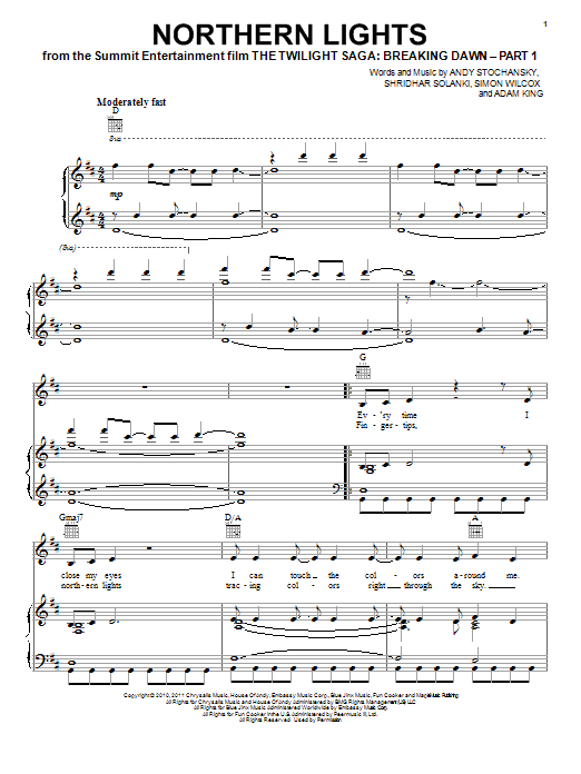 Learn to play Twilight Breaking Dawn (Movie): Northern Lights sheet music for Piano, Vocal & Guitar Chords (Right-Hand Melody) in minutes. Price: 7.8900$ Twilight Breaking Dawn (Movie): Northern Lights sheet music notes and chords arranged for Piano, Vocal & Guitar Chords (Right-Hand Melody)