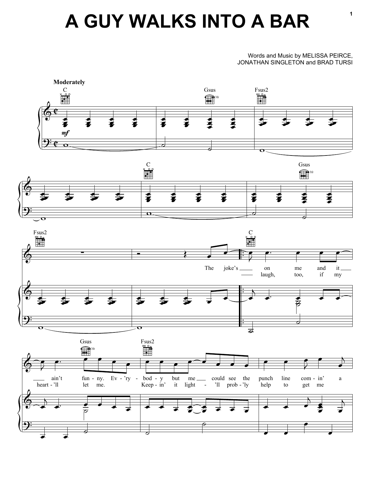 Learn to play Tyler Farr Guy Walks Into A Bar sheet music for Piano, Vocal & Guitar Chords (Right-Hand Melody) in minutes. Price: 7.8900$ Tyler Farr Guy Walks Into A Bar sheet music notes and chords arranged for Piano, Vocal & Guitar Chords (Right-Hand Melody)