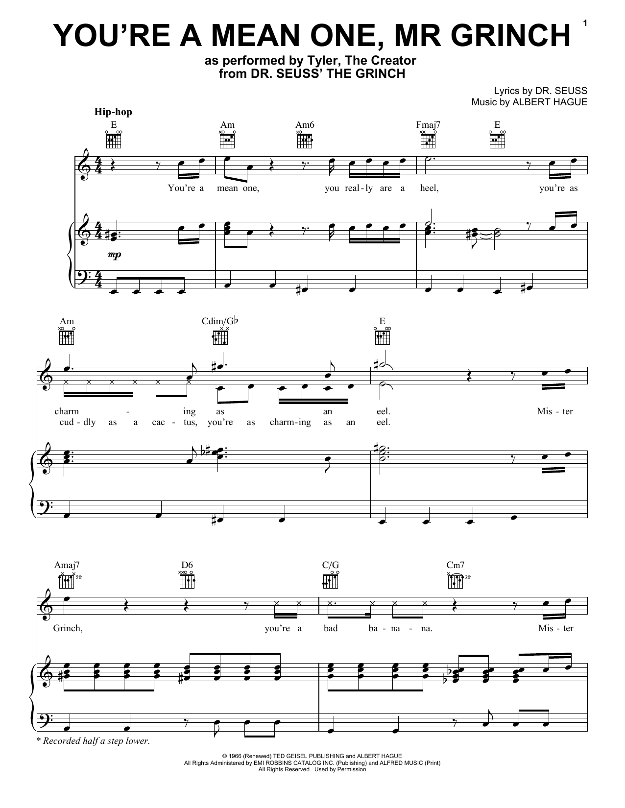 Tyler, The Creator You're A Mean One, Mr. Grinch (from The Grinch) sheet music notes and chords. Download Printable PDF.