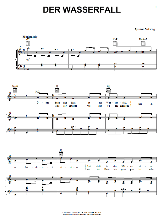 Tyrolean Folksong Der Wasserfall sheet music notes and chords arranged for Piano, Vocal & Guitar Chords (Right-Hand Melody)