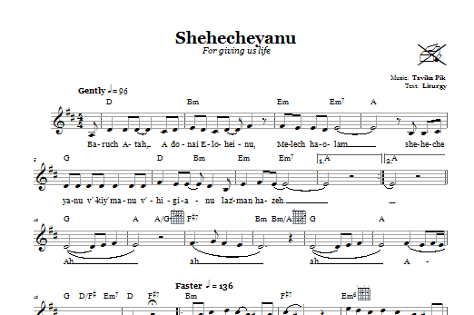 Tzvika Pik Shehecheyanu (For Giving Us Life) sheet music notes and chords. Download Printable PDF.