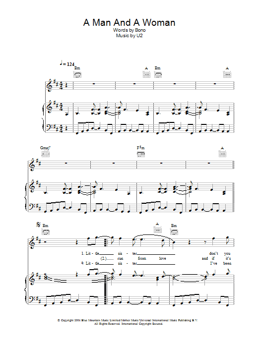 U2 A Man And A Woman sheet music notes and chords arranged for Guitar Tab
