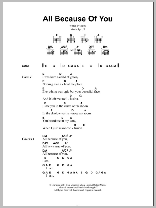 U2 All Because Of You sheet music notes and chords. Download Printable PDF.