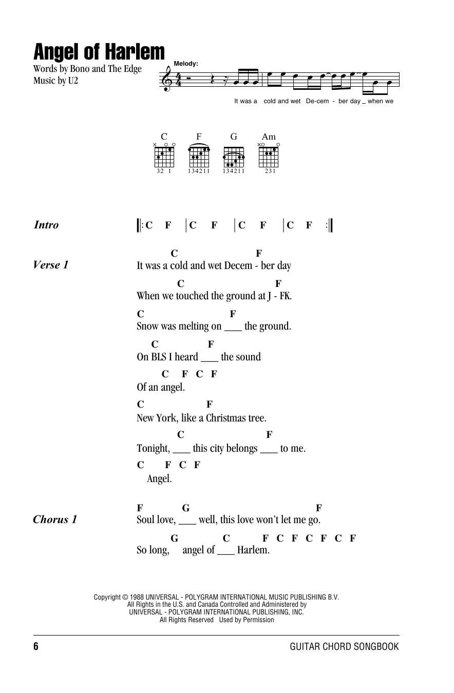 U2 Angel Of Harlem sheet music notes and chords. Download Printable PDF.