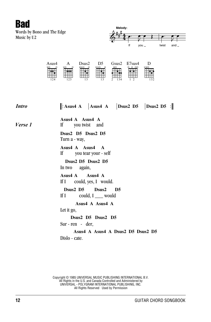 U2 Bad sheet music notes and chords. Download Printable PDF.