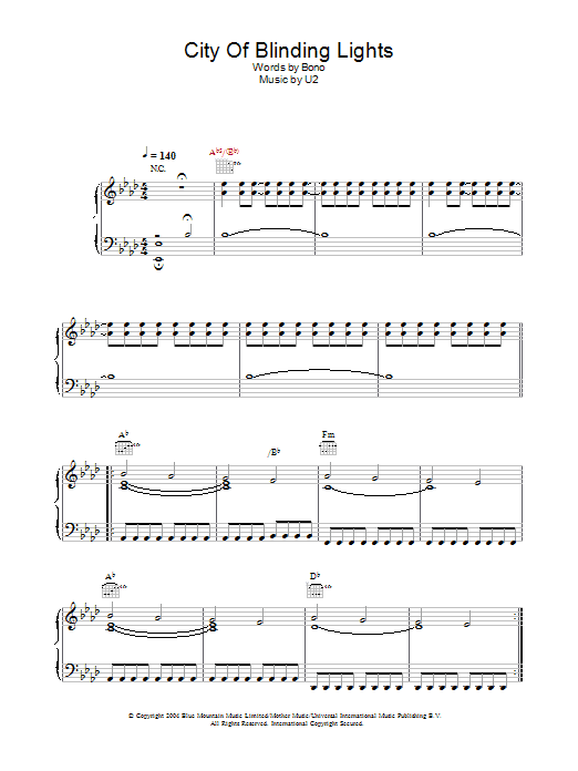 U2 City Of Blinding Lights sheet music notes and chords. Download Printable PDF.