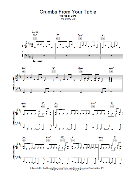 U2 Crumbs From Your Table sheet music notes and chords arranged for Guitar Tab