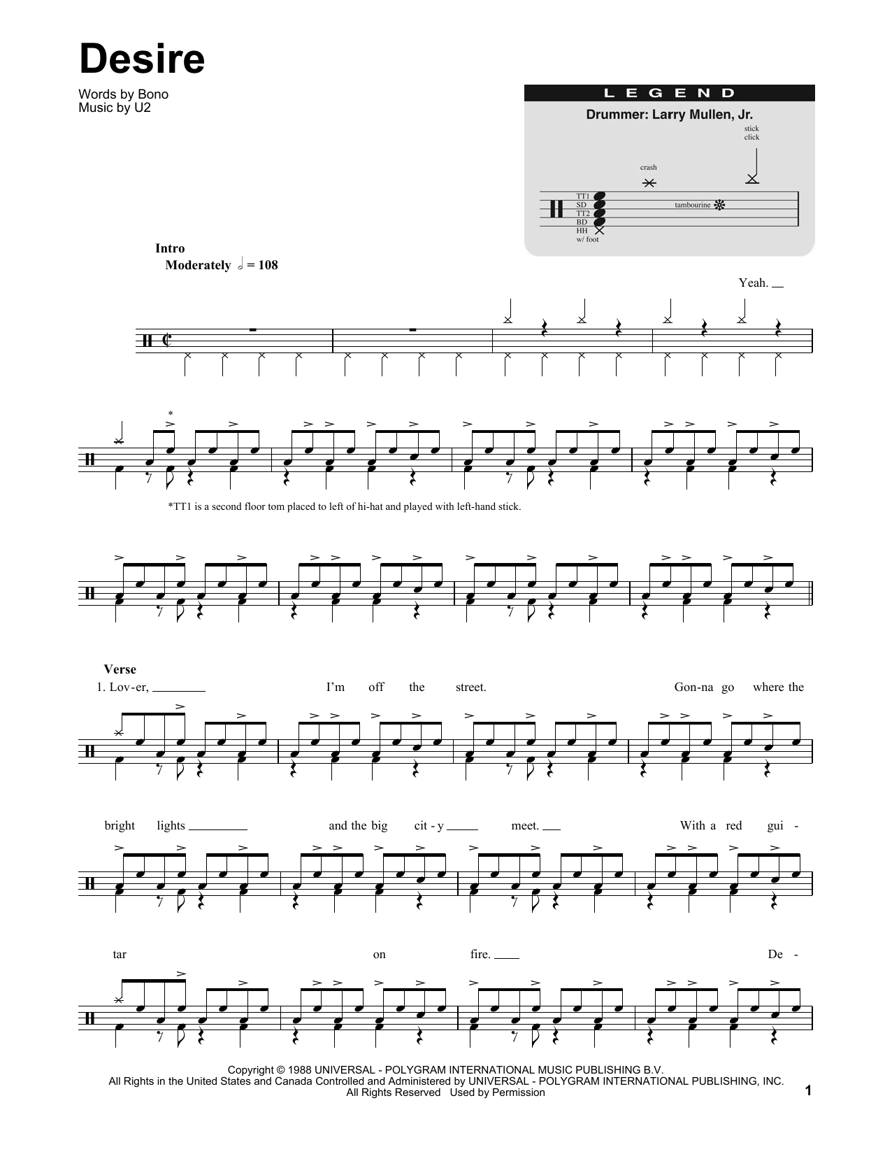 U2 Desire sheet music notes and chords. Download Printable PDF.