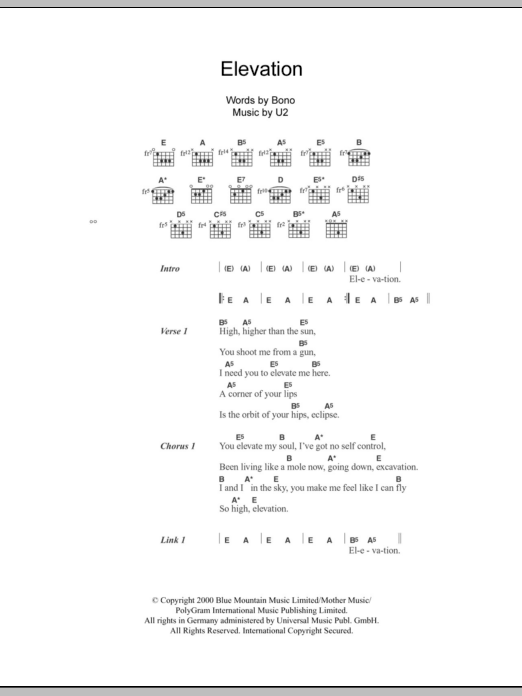 U2 Elevation sheet music notes and chords. Download Printable PDF.