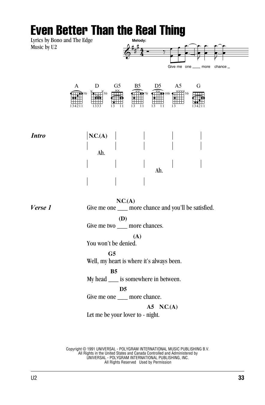 U2 Even Better Than The Real Thing sheet music notes and chords. Download Printable PDF.