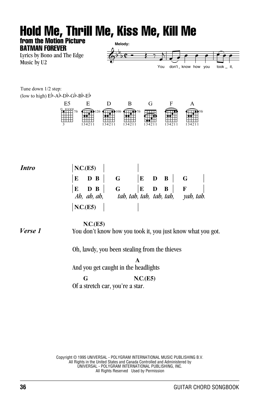 U2 Hold Me, Thrill Me, Kiss Me, Kill Me sheet music notes and chords. Download Printable PDF.