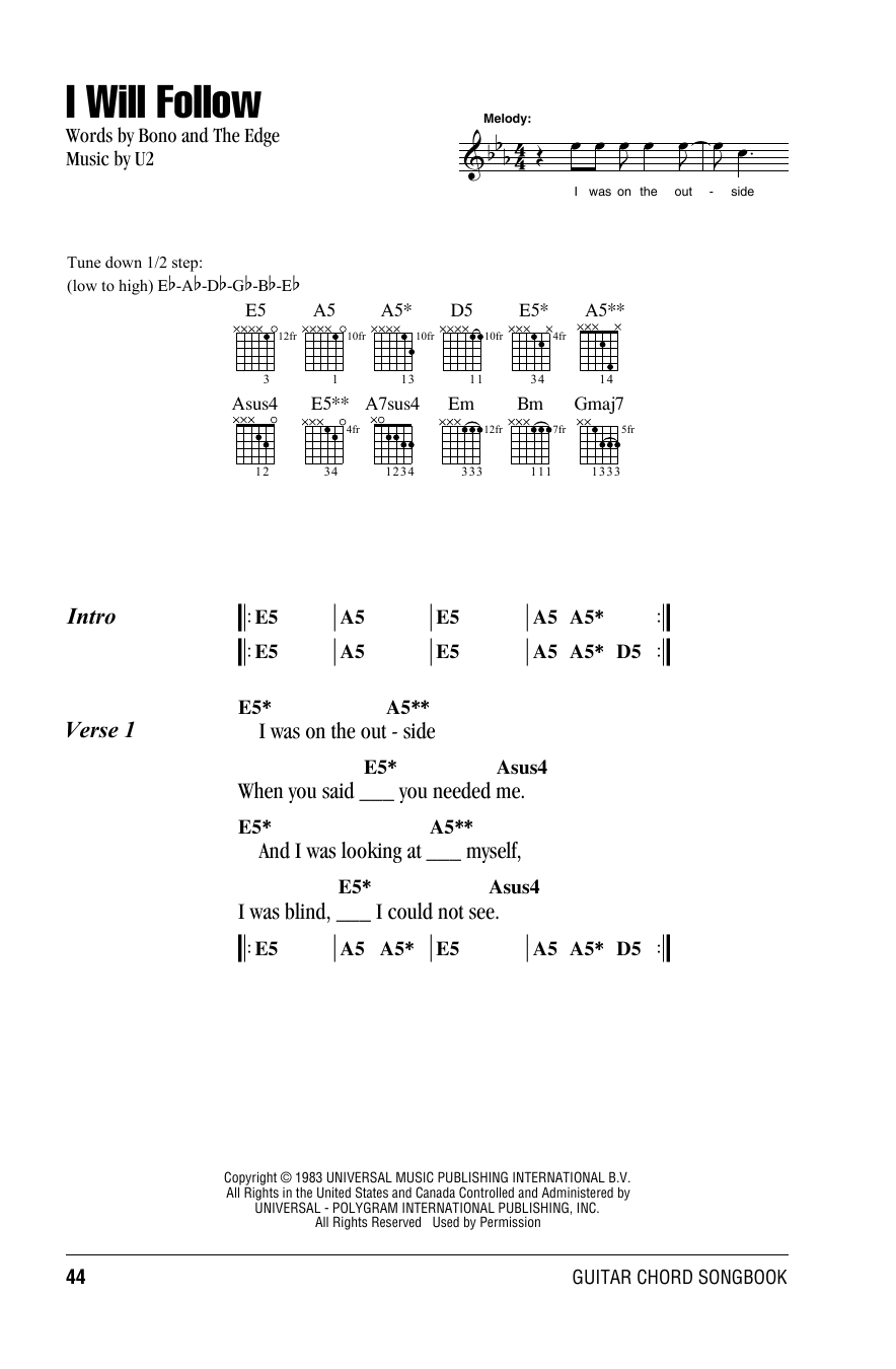 U2 I Will Follow sheet music notes and chords. Download Printable PDF.