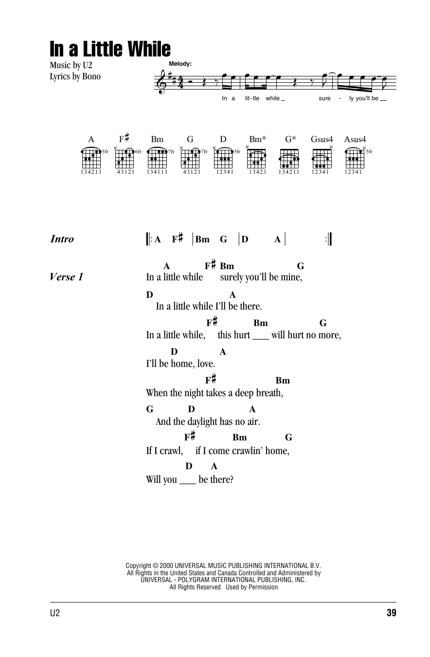 U2 In A Little While sheet music notes and chords. Download Printable PDF.