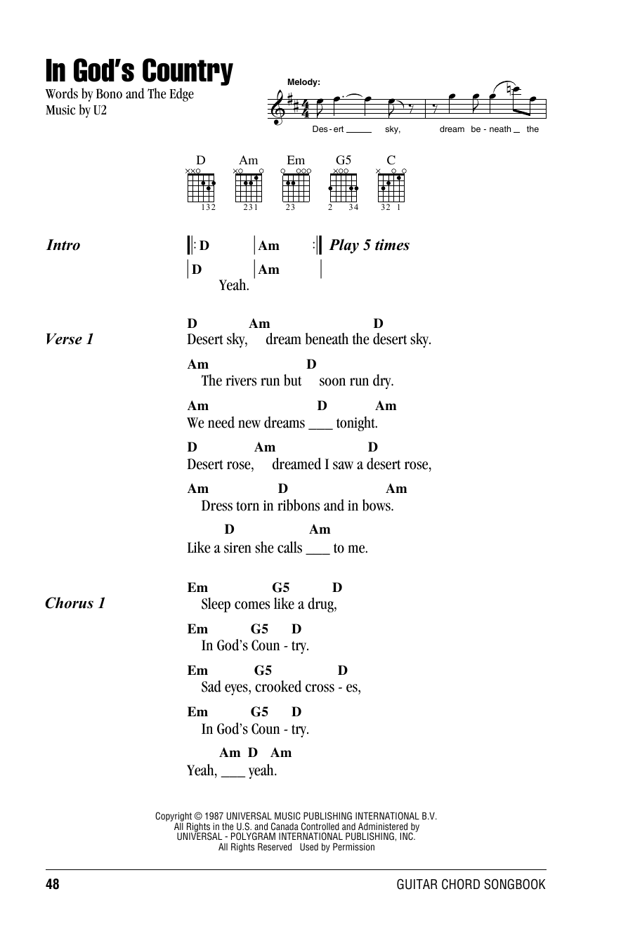 U2 In God's Country sheet music notes and chords. Download Printable PDF.