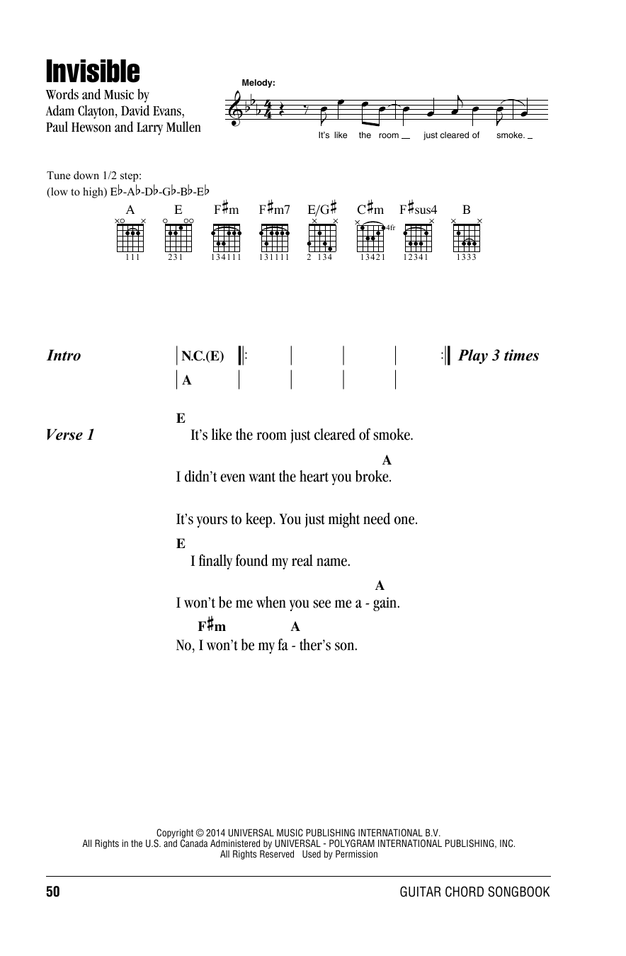 U2 Invisible sheet music notes and chords. Download Printable PDF.