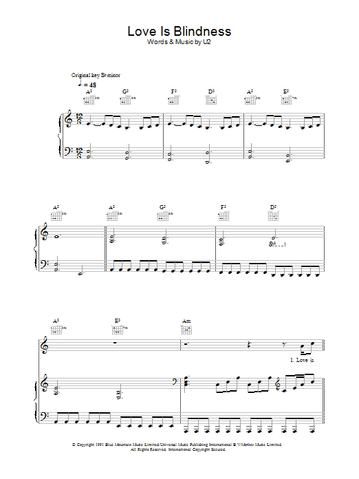 U2 Love Is Blindness sheet music notes and chords. Download Printable PDF.