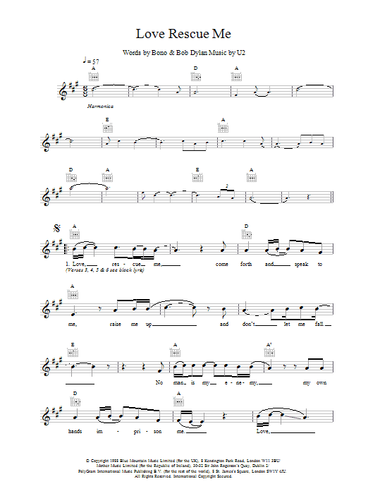 U2 with Bob Dylan Love Rescue Me sheet music notes and chords. Download Printable PDF.