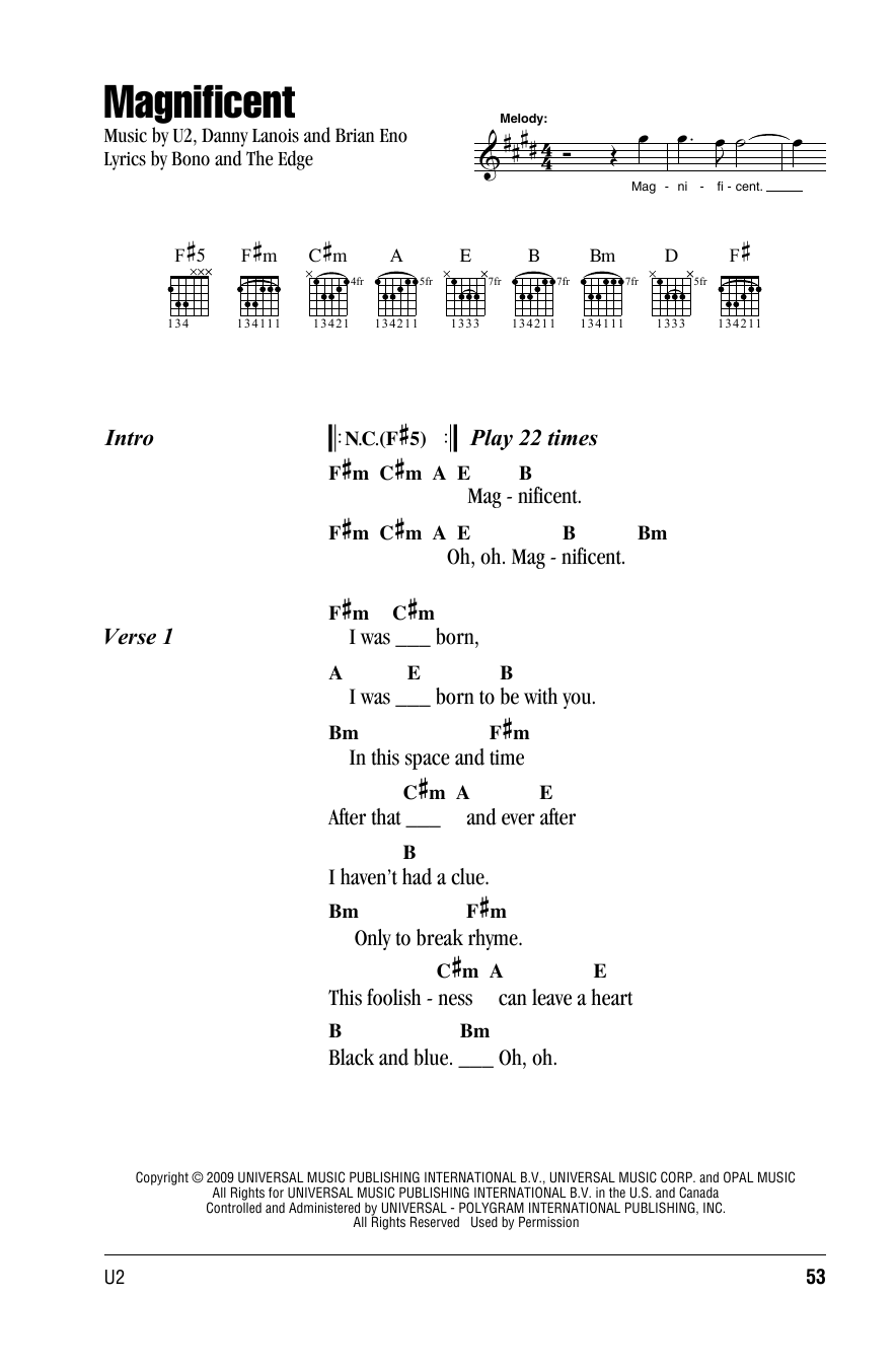 U2 Magnificent sheet music notes and chords. Download Printable PDF.