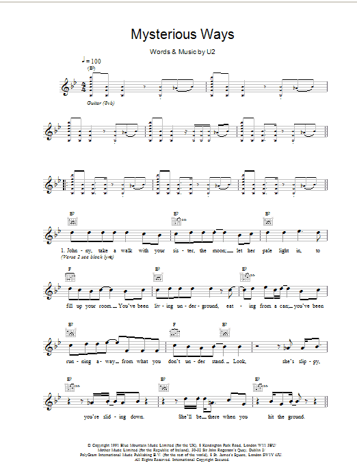 U2 Mysterious Ways sheet music notes and chords. Download Printable PDF.