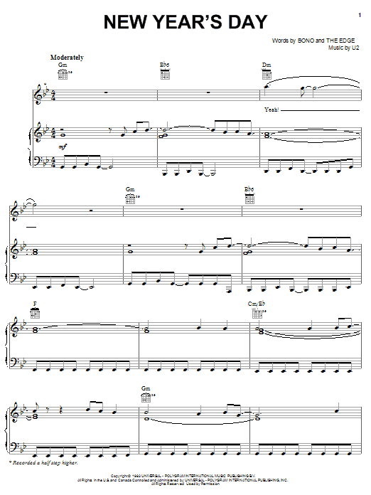 U2 New Year's Day sheet music notes and chords. Download Printable PDF.