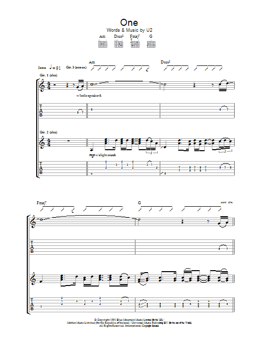 U2 One sheet music notes and chords. Download Printable PDF.