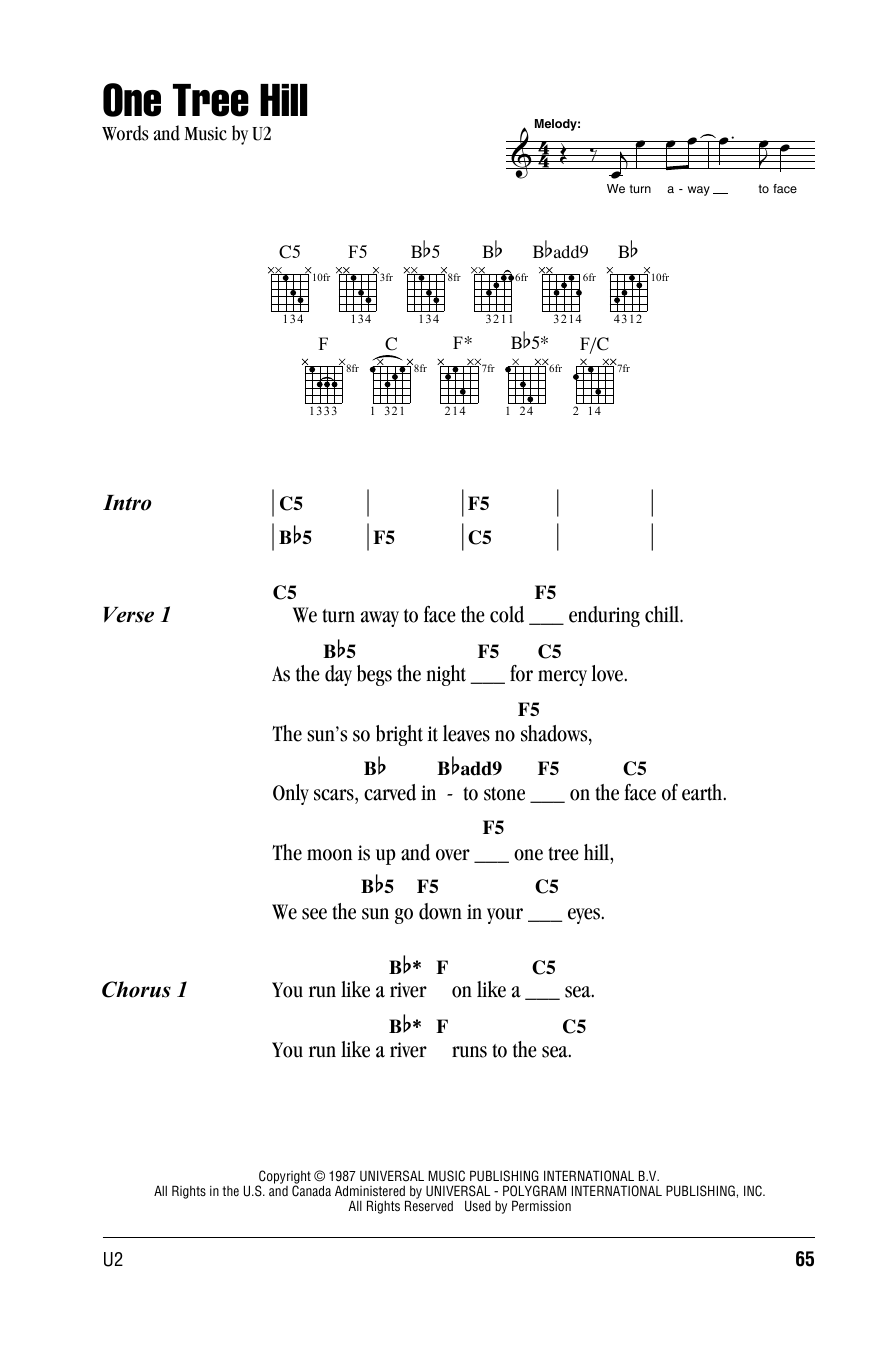 U2 One Tree Hill sheet music notes and chords. Download Printable PDF.