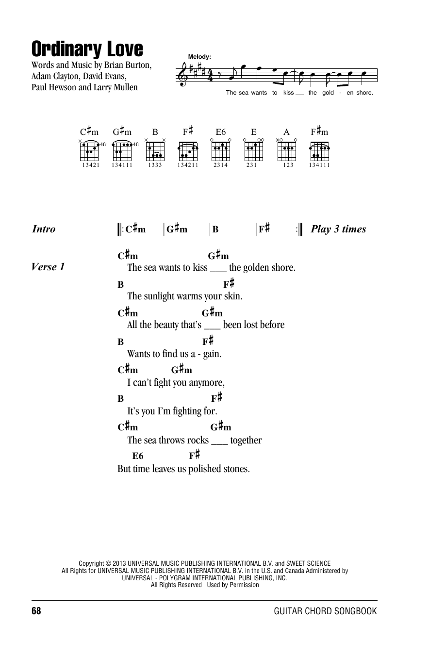 U2 Ordinary Love sheet music notes and chords. Download Printable PDF.