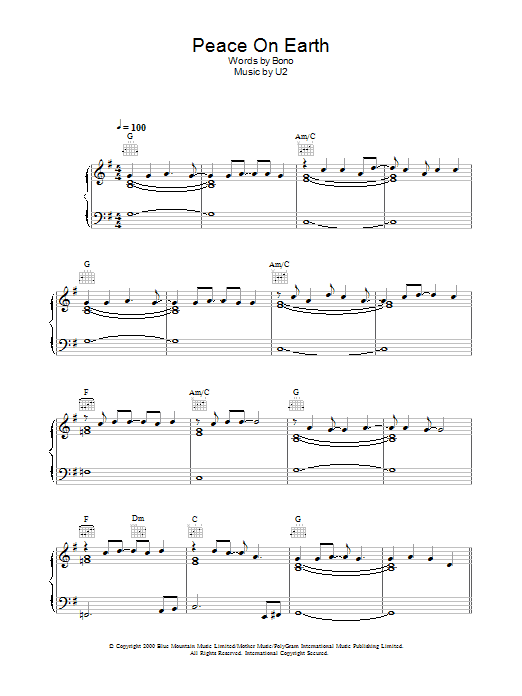 U2 Peace On Earth sheet music notes and chords arranged for Piano, Vocal & Guitar Chords