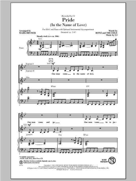 Learn to play U2 Pride (In The Name Of Love) (arr. Mark Brymer) sheet music for SSA Choir in minutes. Price: 3.9900$ U2 Pride (In The Name Of Love) (arr. Mark Brymer) sheet music notes and chords arranged for SSA Choir