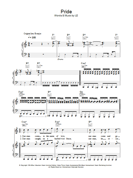 U2 Pride (In The Name Of Love) sheet music notes and chords. Download Printable PDF.