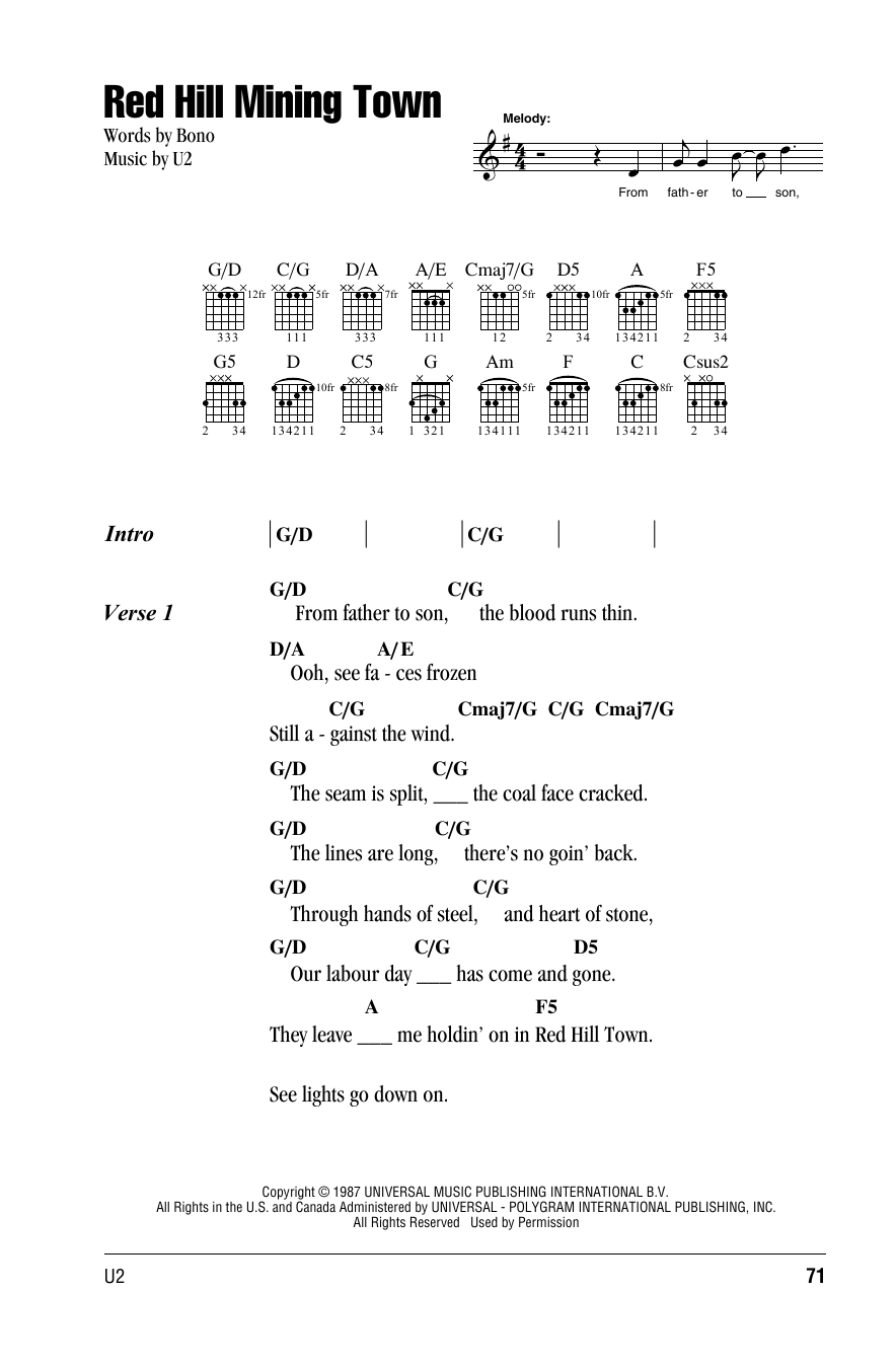 U2 Red Hill Mining Town sheet music notes and chords. Download Printable PDF.