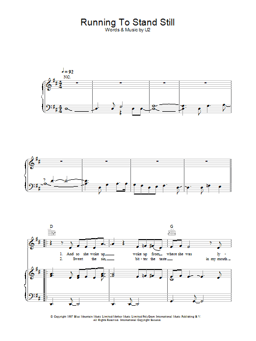 U2 Running To Stand Still sheet music notes and chords. Download Printable PDF.