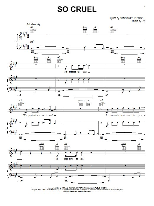 U2 So Cruel sheet music notes and chords arranged for Piano, Vocal & Guitar Chords (Right-Hand Melody)