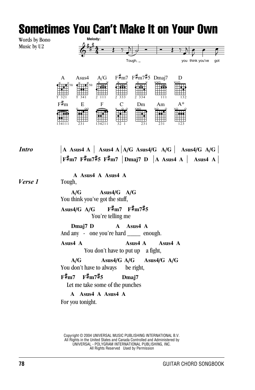 U2 Sometimes You Can't Make It On Your Own sheet music notes and chords. Download Printable PDF.